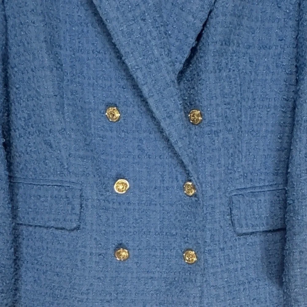 HM Blue Tweed Double Breasted Blazer‎ Gold Button Boucle Jacket Size M New